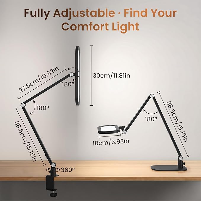 LIONVISON LED Desk Lamp for Home Office: Eye-Caring Clamp & Stand Double Side Desk Light with Remote & Memory - Stepless Dimming & Color Adjustable Table Lamps for Zoom Study Video Conference