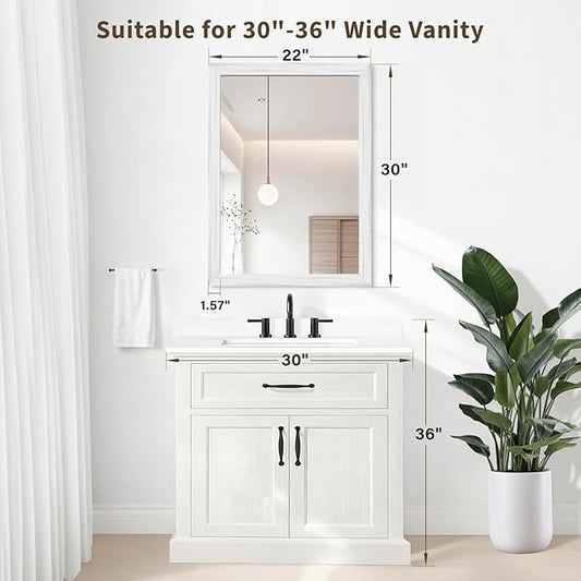 White Grey Wood Effect Framed Wall Mirror, 22x30 Rectangle Mirror, Anti-desilvering Tempered Glass, Sturdy Frame, Farmhouse Mirror, Anti-Rust, 3min Fast Setup for Bathroom Living Room