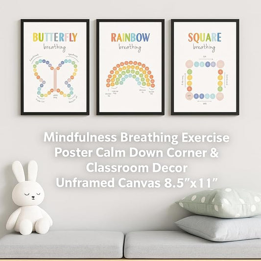 ajdvart Mindfulness Breathing Exercise Poster, Calm Down Corner & Classroom Decor, Breathing Exercise Poster for Therapy Office & Mental Health Wall Art Educational Tool Unframed Canvas 8.5"x11"