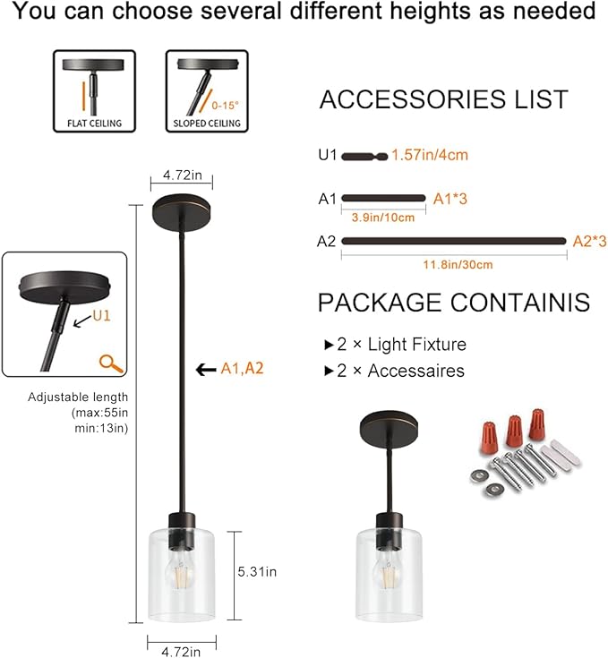 2 Pack Brown and Gold Pendant Lights for Kitchen Island, Modern Brown Hanging Light with Clear Glass Shade, Adjustable Metal Rod Pendant Lighting for Dining Room, Bar, Living Room