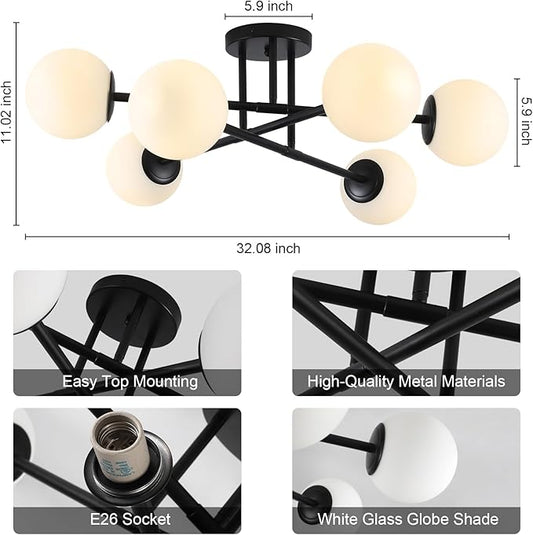 6-Light Glass Sputnik Chandeliers Black Sputnik Ceiling Light Fixture with Milk White Glass Globe Flush Mount Ceiling Light Fixture for Dining Room Farmhouse Kitchen Living Room Bedroom