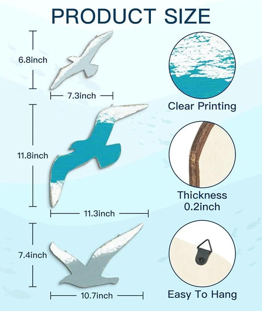 Putuo Decor 3pcs Wood Seagull Wall Decor Beach Wall Hanging Coastal Theme Wall Art Nautical Wall Sculpture Sea Birds Lake House Ocean Decor Vintage Ornaments for Home Bathroom