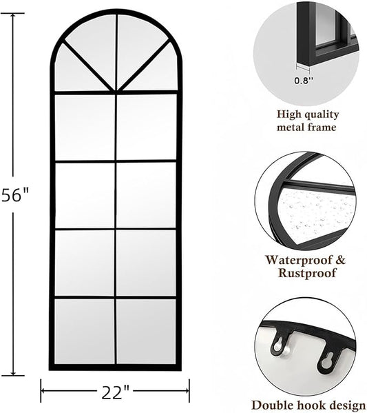 Floor Length Mirror, Black Wall Mirror, 56"x22" Large Arched Window Pane Mirrors, Oversize Farmhouse Full Body Standing Mirrors for Living Room, No Stand