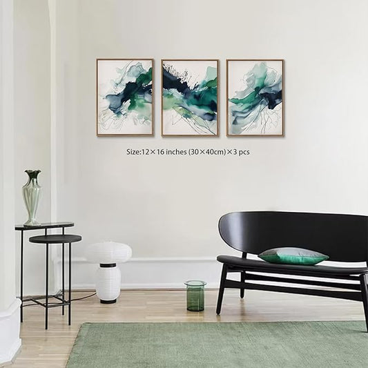 myusuar 3 Piece Large Abstract Framed Wall Art For Living Room, Smoke Texture Ink Emerald Green Canvas Wall Art Modern Minimalist Art Prints Wall Décor For Bedroom Office 12x16in