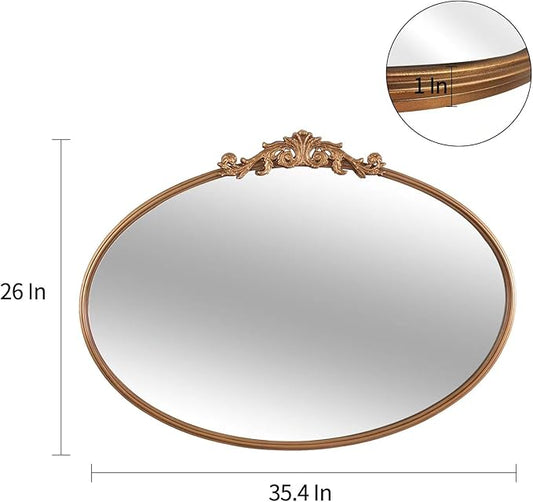 OUSHUAI Gold Oval Mirror for Wall,Baroque Fireplace Decor,Brass Wall Mirror,Victorian Vintage with Full Matel Frame,Ornate Entryway/Bathroom/Living Room/Hallway 36''X24'' (XD-004ZM)