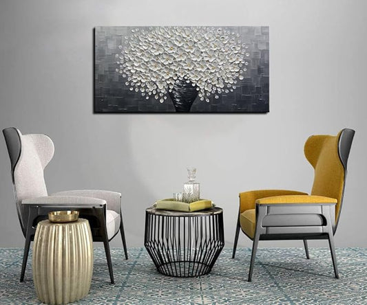 YaSheng Art - Oil Painting Wall Art hand painted White Floral Artwork 3D Thick Texture Black and White Floral Vase Canvas Wall Art Modern Abstract Art Home Bedroom, Dining Room, Living Room, Office Wall Decor 24x48inch