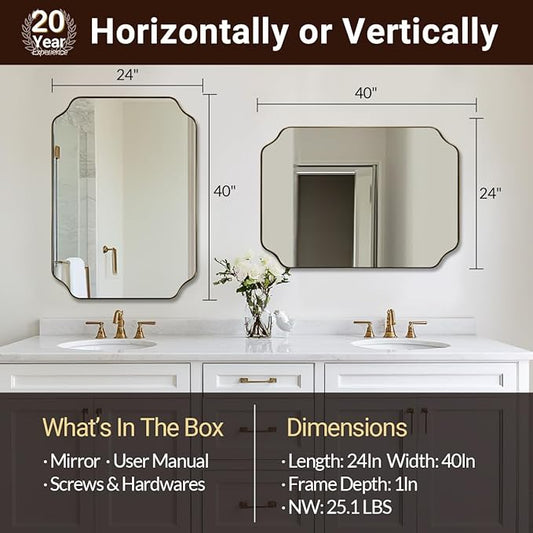 ANDY STAR 24"x40" Gold Mirror, Brushed Brass Scalloped Wall Mirror, Unique Rectangle Mirror, Bathroom Vanity Mirror in Anti-Rust Stainless Steel Metal Frame 1’’ Deep, Hangs Vertically/Horizontally