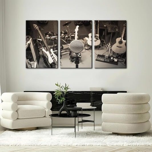 Pacimo 3 Panels Music Artistic Paintings Wall Art The Music of The Band Guitar and Shelf Drum Piano Pictures Print on Canvas for Modern Home Decoration for Living Room Framed Ready to Hang - 16"x24"x3