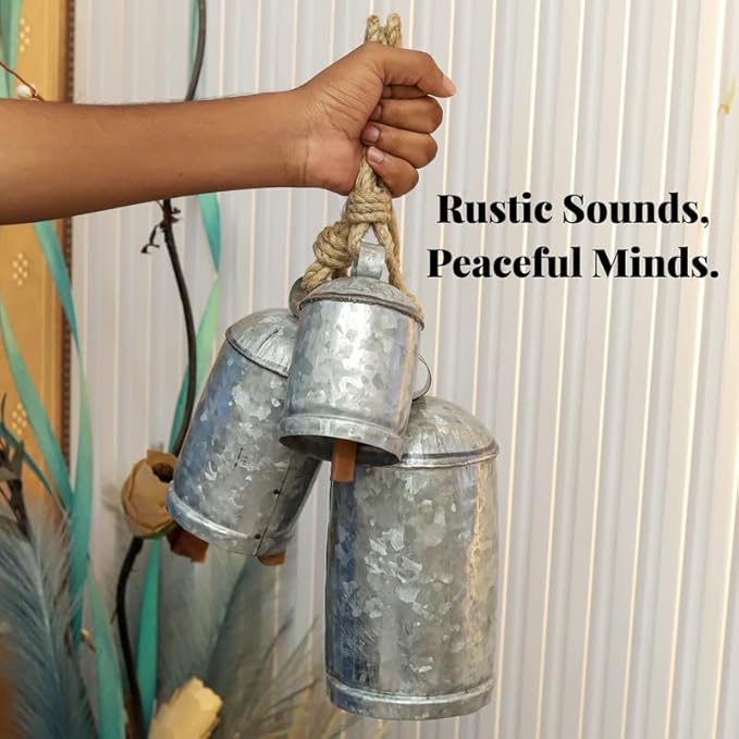 Galvanised Decorative Cow Bells Set of 3 Large Harmony Bells - Vintage Giant Christmas Bells, Cowbells with Jute Rope - XL Hanging Lucky Bells for Farmhouse Decor, Holiday, Home (6"-8"-10")