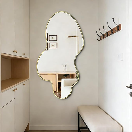 Irregular Mirror, 46.5"x24" Asymmetrical Mirror, Gold Metal Frame Abstract Wall Mirrors Decorative, Modern Odd Shaped Mirrors for Living Room Bathroom Bedroom Hallway Entryway Fireplace