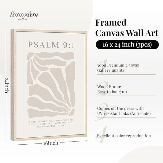 Scripture Christian Wall Art Set of 3 Beige Bible Verses Wall Decor Neutral Psalm Canvas Wall Art Modern Pictures Flower Prints Christian Artwork for Living Room Bedroom 16x24 Inch Framed
