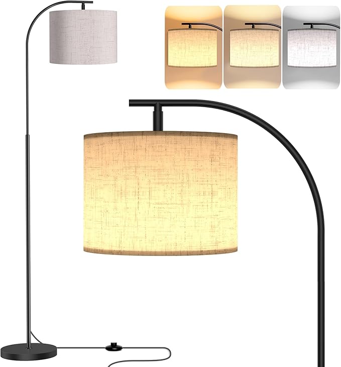 SIBRILLE Floor Lamp with Linen Shade, Arc Dimmable Tall Standing Lamp with Remote Control, Modern Floor Reading Light for Living Room Bedroom Office Corner, 9W LED Bulb Included