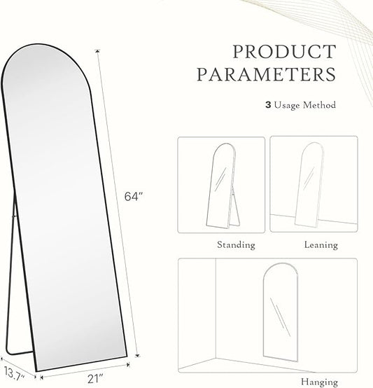 Arched Mirror Full Length, Upgraded 21"x64" Body Wall Mirrors with Shatter-Proof Glass, Floor Standing, Hanging or Leaning, Tall Arch Mirror with Stand Aluminum Alloy Frame for Bedroom, Black