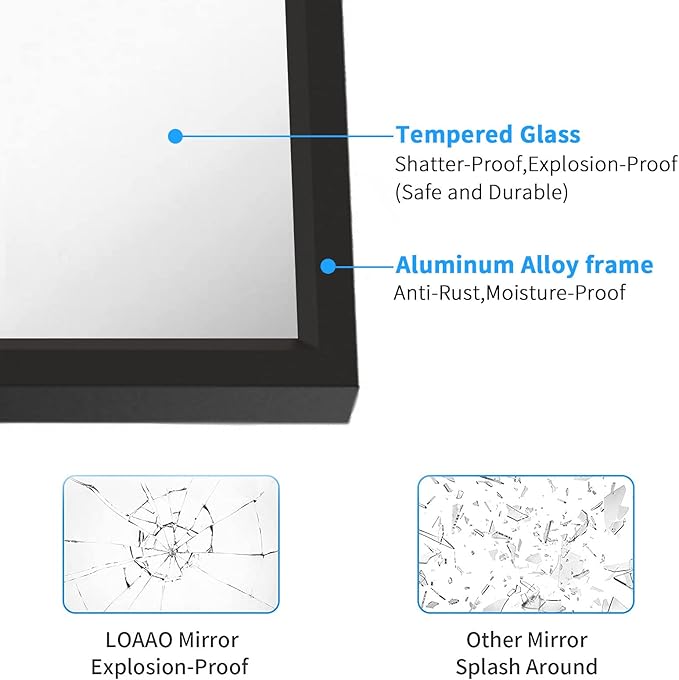 LOAAO 48"X30" Black Rectangle Bathroom Mirror Wall, Matte Black Aluminum Alloy Frame, Tempered Glass, Hangs Vertically or Horizontally, Easy to Install