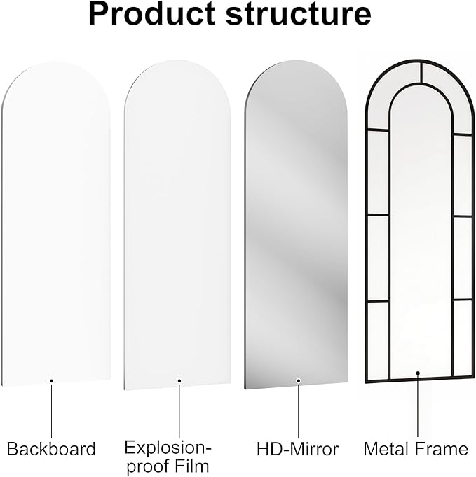 Prywot Full Length Mirror, 56"x22" Arched Window Pane Mirrors for Wall Decor, Black Full Body or Wall Mounted Mirrors, Farmhouse Standing Mirror Hanging or Leaning for Living Room, Entryway, No Stand