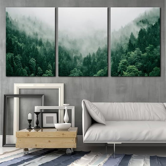 Pacimo Canvas Print Wall Art Set Talking with the Fog Aerial View of Pine Trees in Mist Realism Pictures Print on Canvas Rustic Scenic Modern Artwork Stretch Framed Ready to Hang - 20"x28"x3 Panel