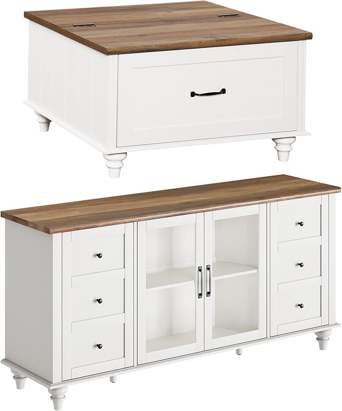 WAMPAT Farmhouse TV Stand and Coffee Table Set of 2, Square Coffee Table with Lift Top & Drawer, White Entertainment Center for 70 Inch TV, 2 Piece Living Room Table Set, White