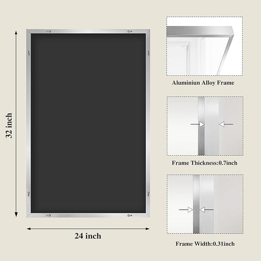 Koonmi Silver Rectangle Wall Mirror, 24x32 Inch Bathroom Mirror, Aluminum Frame Vanity Mirror for Entryway, Living Room, Bedroom Bathroom, Hangs Horizontally or Vertically