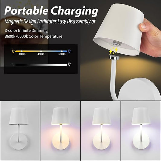 IMQSQIK LED Wireless Wall Lamp Set of 2, with 5600mAh Rechargeable Battery Powered Wall Sconces, Touch for Remote Control Infinite Dimming Be Used for Bedroom Mirror Living Room Wall Painting (White)
