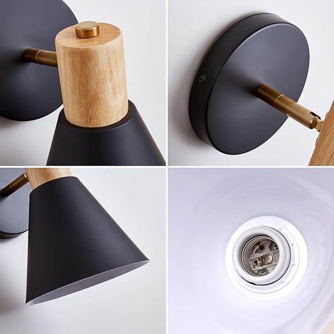Plug in Wall Sconces Lighting Fixture, Wooden Adjustable Bedside Wall lamp for Industrial Bedroom, Living Room Bathroom Sink Lighting (1 Pack, Black)