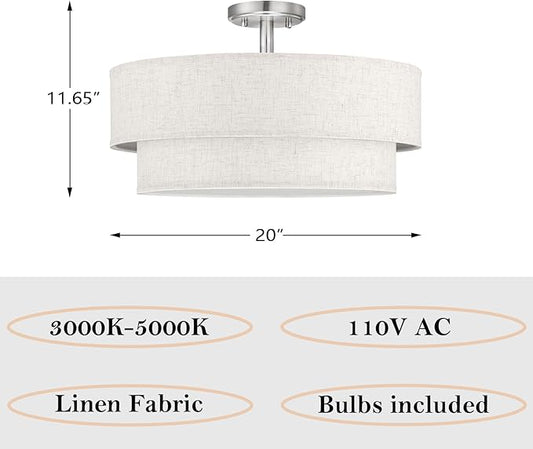 20 Inch LED 24W Adjustable 3000/4000/5000 Brushed Nickel Double Drum Linen Fabric Shade Semi Flush Mount Close to Ceiling Light Fixture for Bedroom,Living Room,Dining Room Hallway