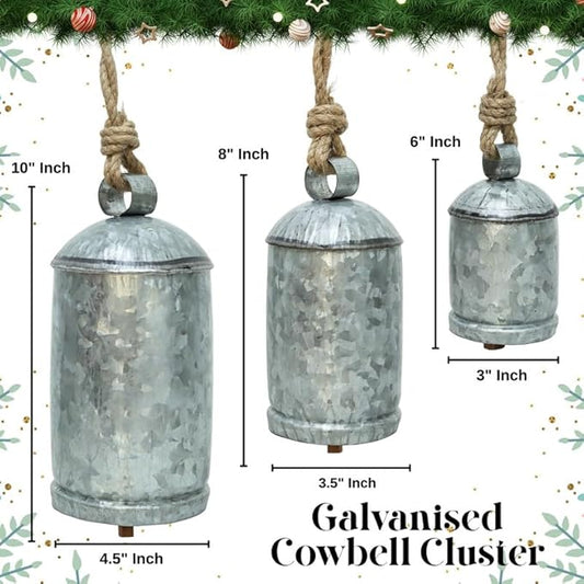 Galvanised Decorative Cow Bells Set of 3 Large Harmony Bells - Vintage Giant Christmas Bells, Cowbells with Jute Rope - XL Hanging Lucky Bells for Farmhouse Decor, Holiday, Home (6"-8"-10")