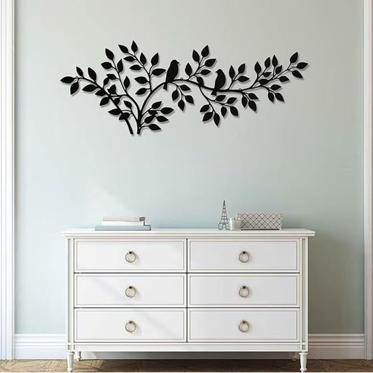 QZGXDECO 34Inch Metal Tree Leaf Birds on Branch Wall Decor Art,Black Vine Olive Branch Leaves with Bird Hanging Wall Sculpture for Home Balcony Living Room Bedroom Hallway Wall Decoration
