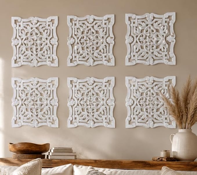 Wall Panels for Living Room & Bedroom – Hand-Carved Decorative Wood Wall Art Set of 6, 12x12" White Antique, Rustic Home Décor,Elegant Decorative Wall Art for Home & Office