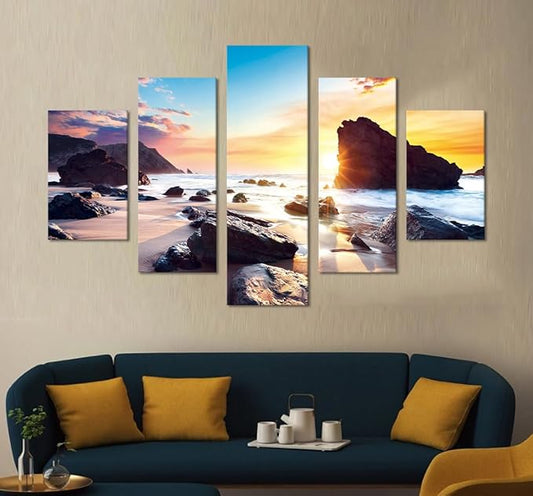 Sunset Beach Rocks Landscape Wall Art Set Sea Scene Picture Modern Painting on Canvas Framed Wall Artwork for Living Room Bedroom Kitchen Home Decor Giclee Print Ready to Hang-60''W x 40''H