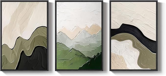 Framed Green Abstract Wall Art for Living Room, 3 Piece Large Neutral Black and Beige Artwork for Walls, Modern Minimalist Abstract Canvas Prints Paintings for Bedroom Home Office Wall Decor, 24x36 In