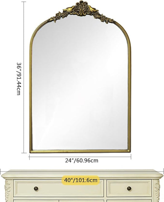 Antique Baroque Vintage Vanity Mirror 36x24Inch, Gold with Ornate Antique Frame, Arched Vintage Wall Mirror for Living Room, Fireplace, Entryway