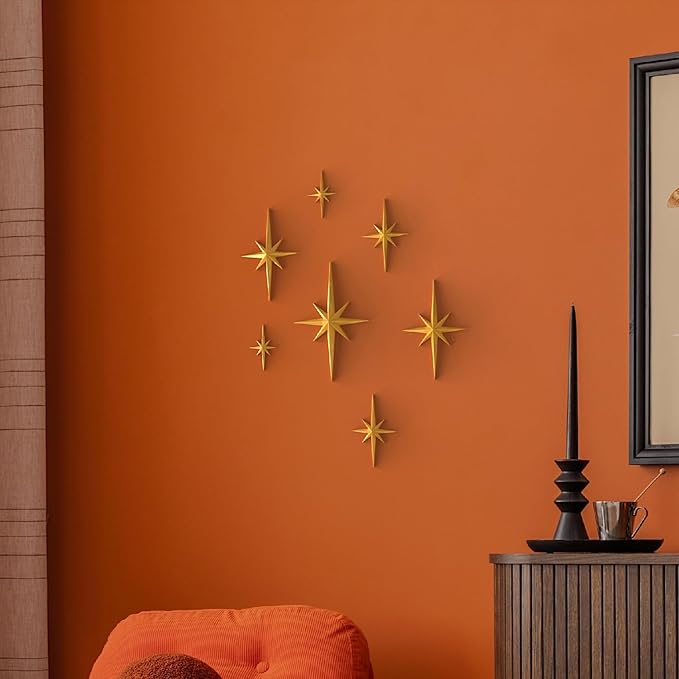 MidModArt 7PCS Mid Century Modern 3D Star Wall Art Gold Retro Starburst Sculptures Vintage Celestial Home Decor, Gold Starburst