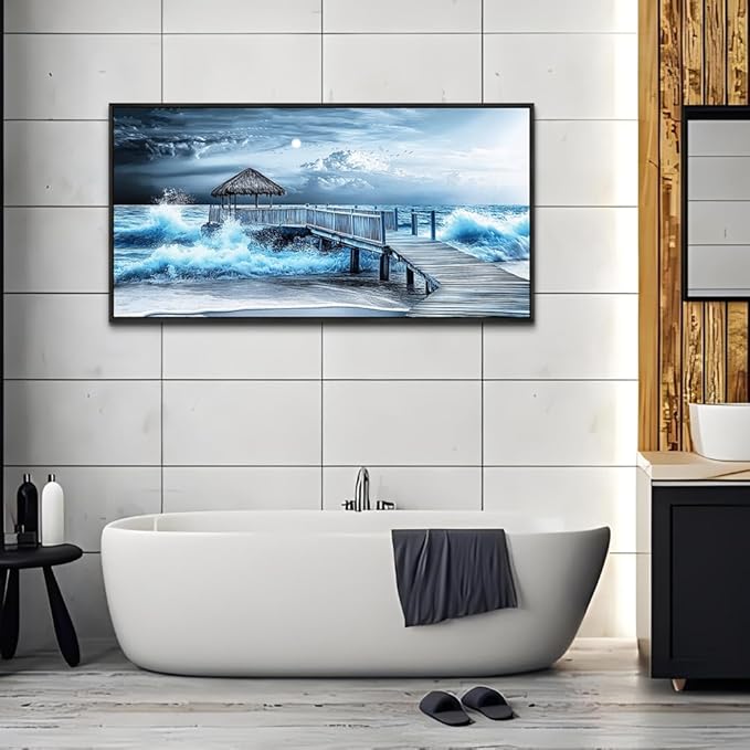 ERQINHUA Large Canvas Wall Decor For Living Room Wall Art For Bedroom Office Wall Decorations Black Frame Blue Wave Landscape Painting Artwork For Modern Stretched and Framed Beach Posters 24"X48"