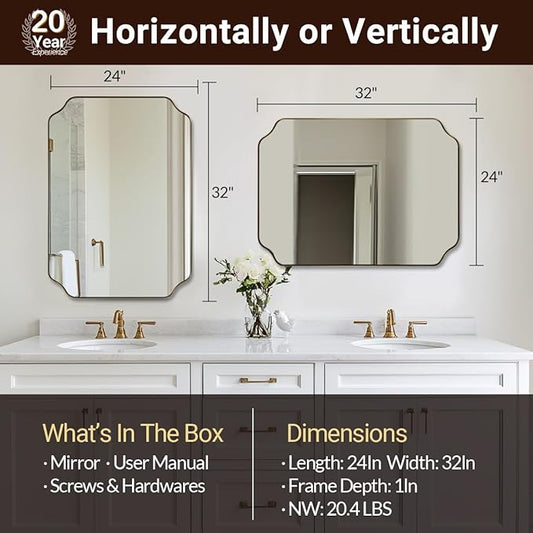 ANDY STAR Brushed Gold Mirror, 24"x32" Bathroom Vanity Mirror, Unique Rectangular Bathroom Mirror with Stainless Steel Metal Framed, Wall Mounted Decorative Mirror (Horizontal/Vertical)