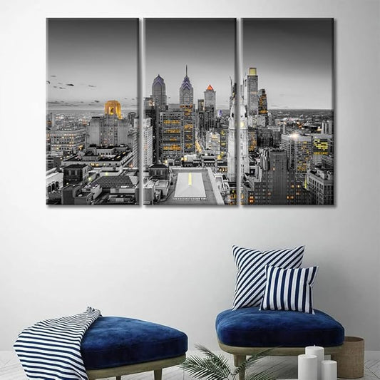 TUMOVO Home Decor Philadelphia Pennsylvania City Skyline Pictures Bathroom Decor Wall Art 3 Panel Nighttime Lightscape Contemporary Home Decor Print on Canvas Framed Ready to Hang (36" Wx24 H)