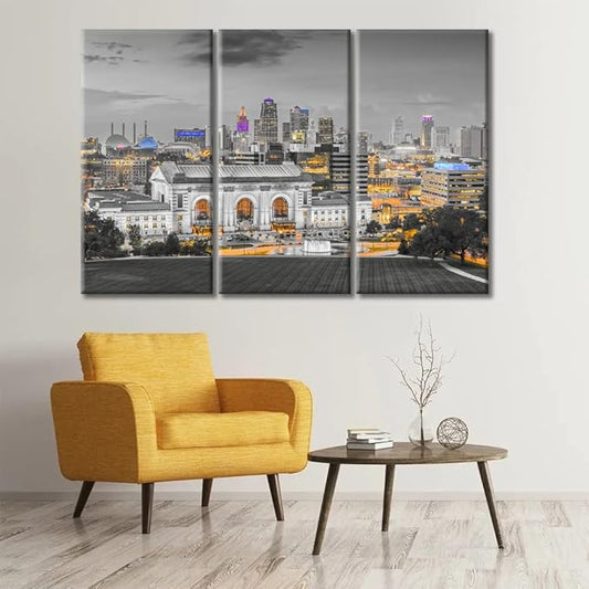 American Cityscape Home Decor Posters and Prints Kansas City Missouri Skyline of Monuments and Highways Wall Art for Living Room 3 Pieces Black and White Wall Art Framed Ready to Hang (42"Wx28"H)