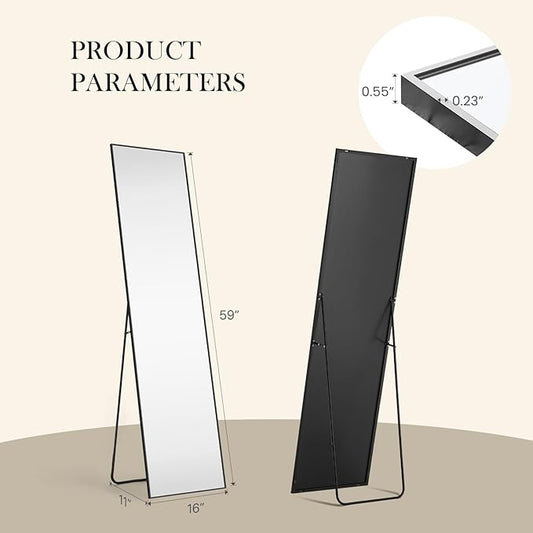 NEWBULIG Mirror Full Length, 16"x59" Body Wall Mirrors with Shatter-Proof Glass, Upgraded Floor Standing Mirror, Hanging or Leaning, with Stand Aluminum Alloy Frame for Home Decor, Bedroom, Black