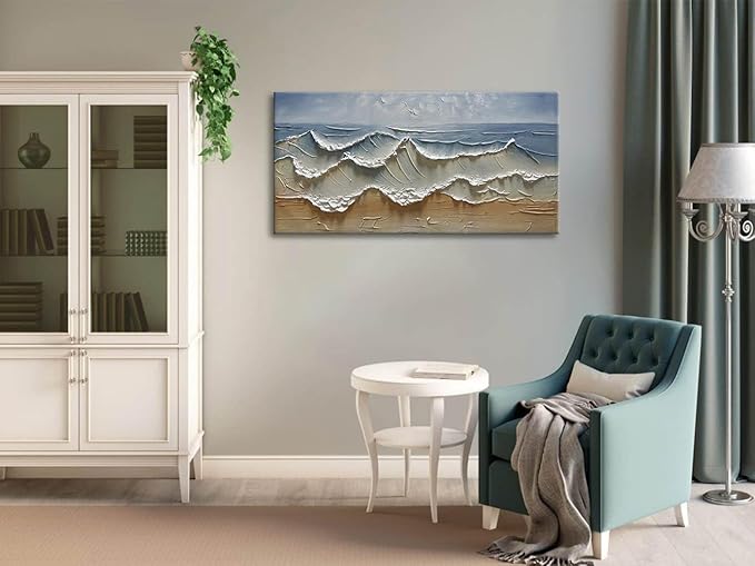 Slyart Abstract Blue Ocean Wave Wall Art, Textured Oil Painting on Canvas Relief Wall Art, 24" x 48" Abstract Modern Sea Artwork Wall, Neutral Wall Decor