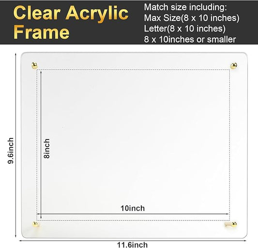 Thyle 8 Pcs Acrylic Photo Frame 8x10'' Clear Floating Picture Frame Frameless Photo Display Memories Photography Poster Frames Tabletop or Hanging Wall Mount for Family Wedding Wall Art (Gold)