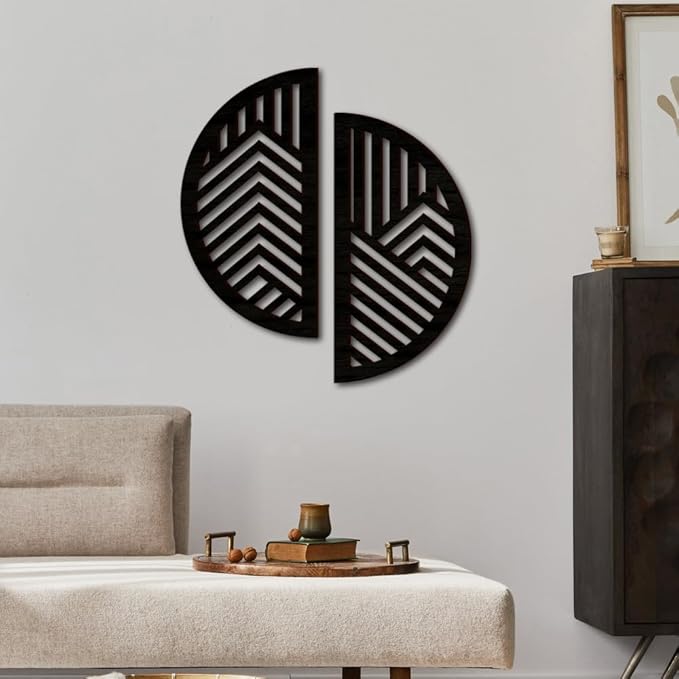 Geometric Wood Wall Art Decor, Modern Mountain Wall Sculptures Hanging Abstract Line Panels Decor, Hollow Half Round Wooden Craft Art Boho Wall Decoration, for Home Office Living Room Bedroom (Black)