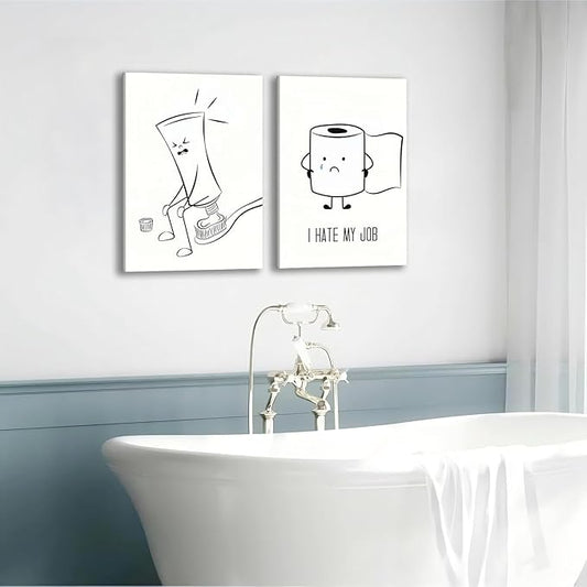 Framed Funny Bathroom Wall Art Set of 2,Black and White Cartoon Toilet Humor Canvas Prints,Cute Toothpaste and Toilet Paper Painting Pictures,Modern Minimalist Bathroom Decor for Home Restroom 12x16IN