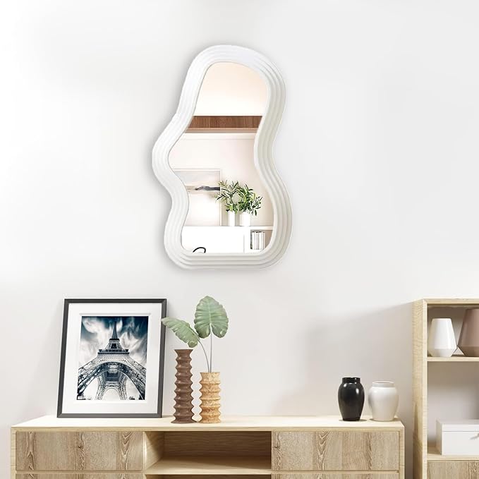 Mokoze Asymmetrical Wall Mirror, Irregular Decorative Accent for Bedroom Entryway Living Room, Pink Aesthetic Vanity Decor for Wall Mounted or Tabletop Display, 16.14" x 9.84"