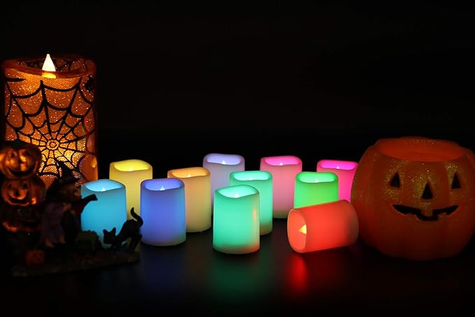 Color Changing Flameless Votive Candles with Remote and Timer, Battery Operated White LED Flickering 12 Pack Halloween Christmas Decor (1.5 x 2 Inches)