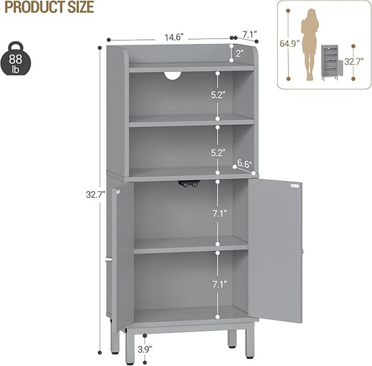 Hzuaneri Bathroom Storage Cabinet, Small Floor Cabinet with 2 Door and Shelves, Toilet Paper Cabinets, Bathroom Organizer with Adjustable Shelf, for Small Spaces Gray 7.1" D x 14.6" W x 32.7" H