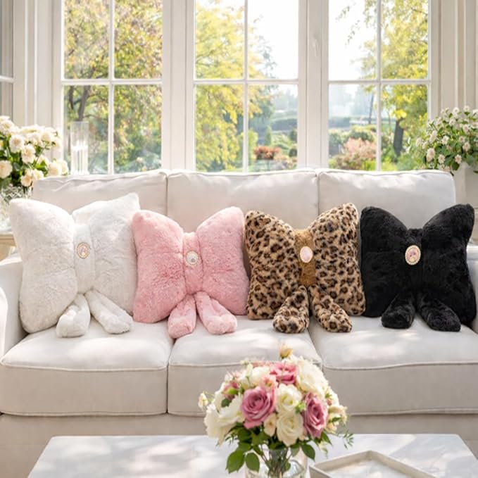 Pink Bow Pillow 12x9 Inch, Cute Plush Bow Shaped Decorative Pillow with Back Strap, Coquette Room Decor for Teen Girls Bedroom Chair Couch Car