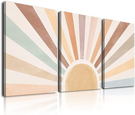 Boho Sun Wall Art Set of 3, Framed Canvas Wall Art Rainbow Sun Rising on the Horizon Geometric Nature Illustrations Line Art Wall, Office, 12"x16" Watercolor