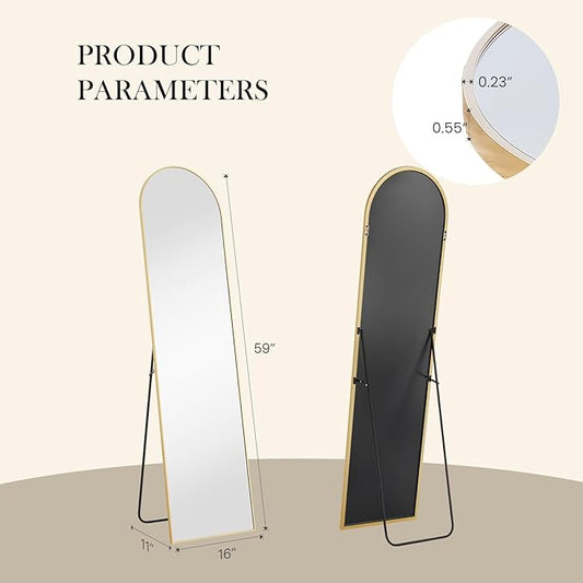 NEWBULIG Arched Mirror Full Length, 16"x59" Body Wall Mirrors with Shatter-Proof Glass, Upgraded Floor Standing Mirror, Hanging or Leaning, with Stand Aluminum Alloy Frame for Home Decor, Gold