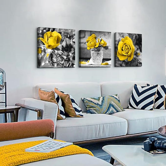 Lapremoly Wall Decor For Bedroom Canvas Wall Art For Kitchen Restaurant Black And White Wall Painting Yellow Rose Pictures Print Art Ready To Hang Girls Gift Room Modern Home Decoration 16"X16"