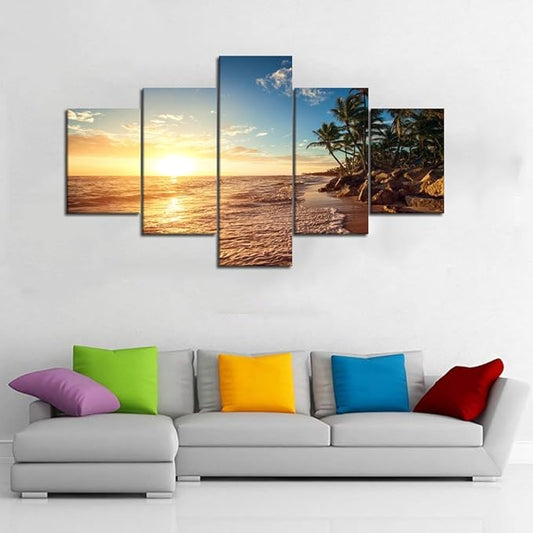 Beautiful Extra Large 5 Piece Sunset Beach Palm Landscape Artwork Pictures Painting on Canvas Wall Art for Living Room Prints and Posters for Home Decorations Wall Decor Set Framed (60" W x 40" H)