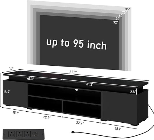 Hlivelood LED TV Stand for 95 Inch TV, Modern TV Stand with Power Outlet, High Gloss TV Console Entertainment Center with Storage and LED Lights for Living Room, Bedroom (83 Inch, Black)